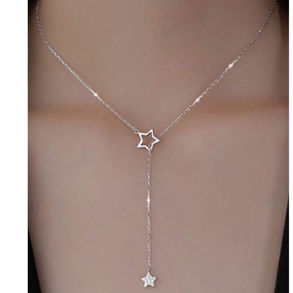 Luxe Stainless Steel Rhinestone Star Lariat Pull Necklace - Picture 6 of 7